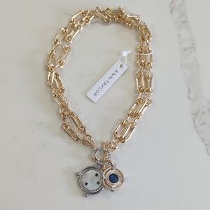 Ann Taylor Gold-Tone Double Chain Necklace with Blue and Mother-of-Pearl Charms